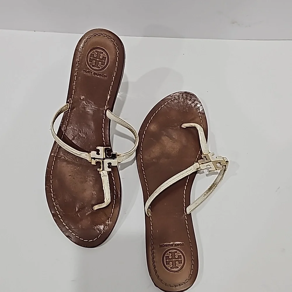 Tory Burch Thong Sandal Logo White Leather Size 8M flats